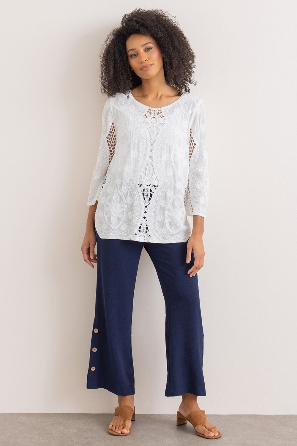 Klass. Embroidered Crochet Trim Cotton Top