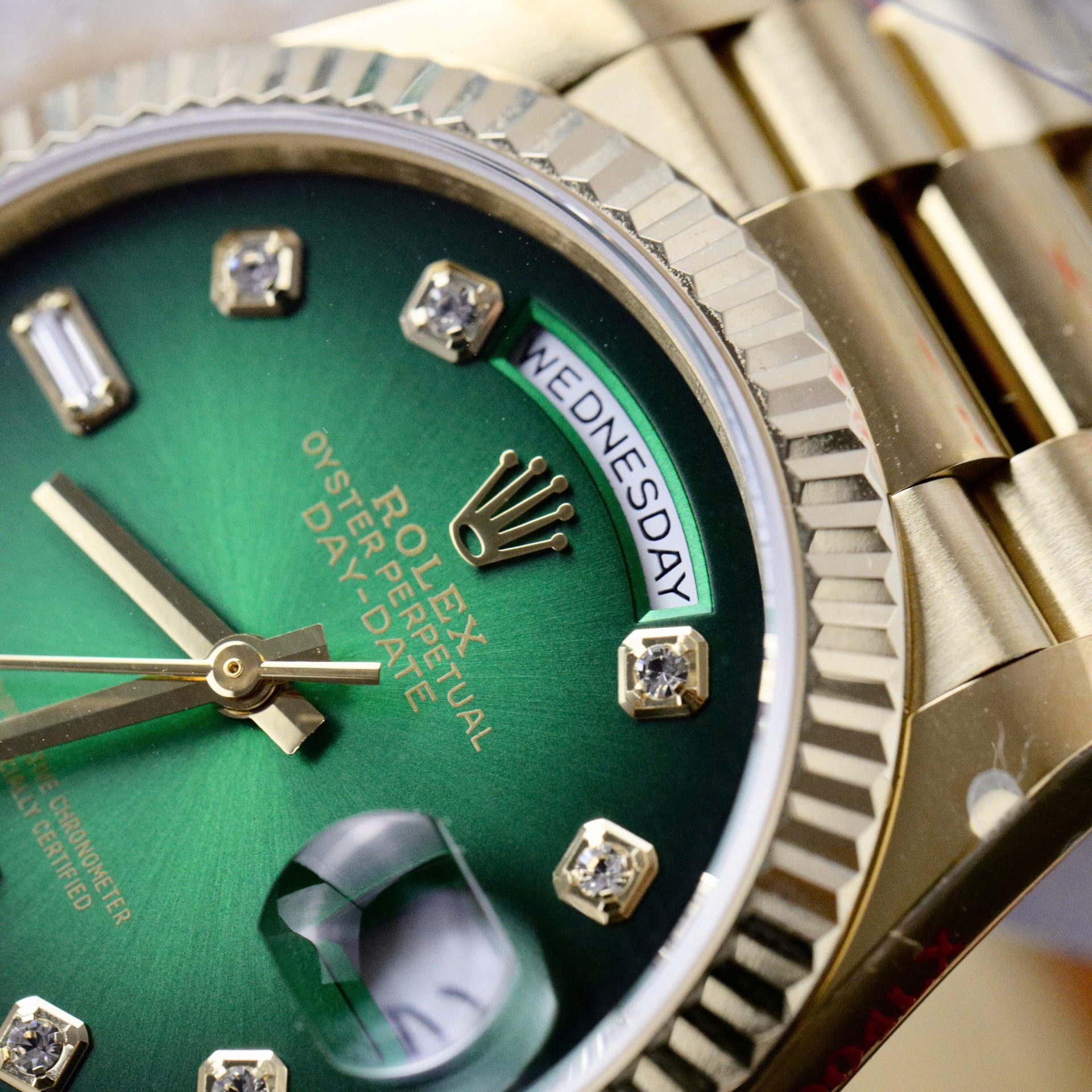 Rolex Day-Date 128238 YG Plated Ombre Green Dial CZ Diamonds 36mm Super Clone