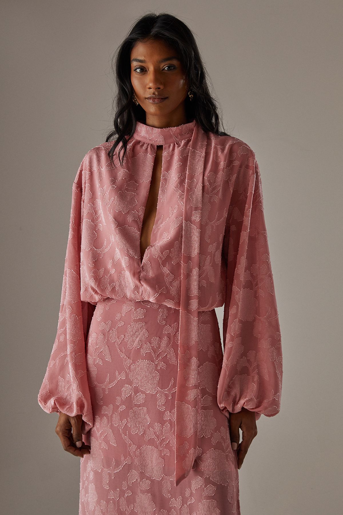 Warehouse Chiffon Jacquard High Neck Slash Front Blouse