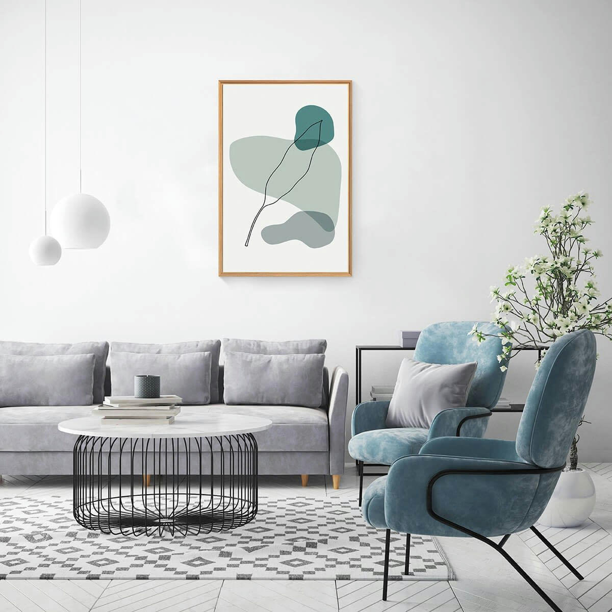 CHARME ROMANTIQUE - Tableau mural encadré bleu abstrait 65x97 cm