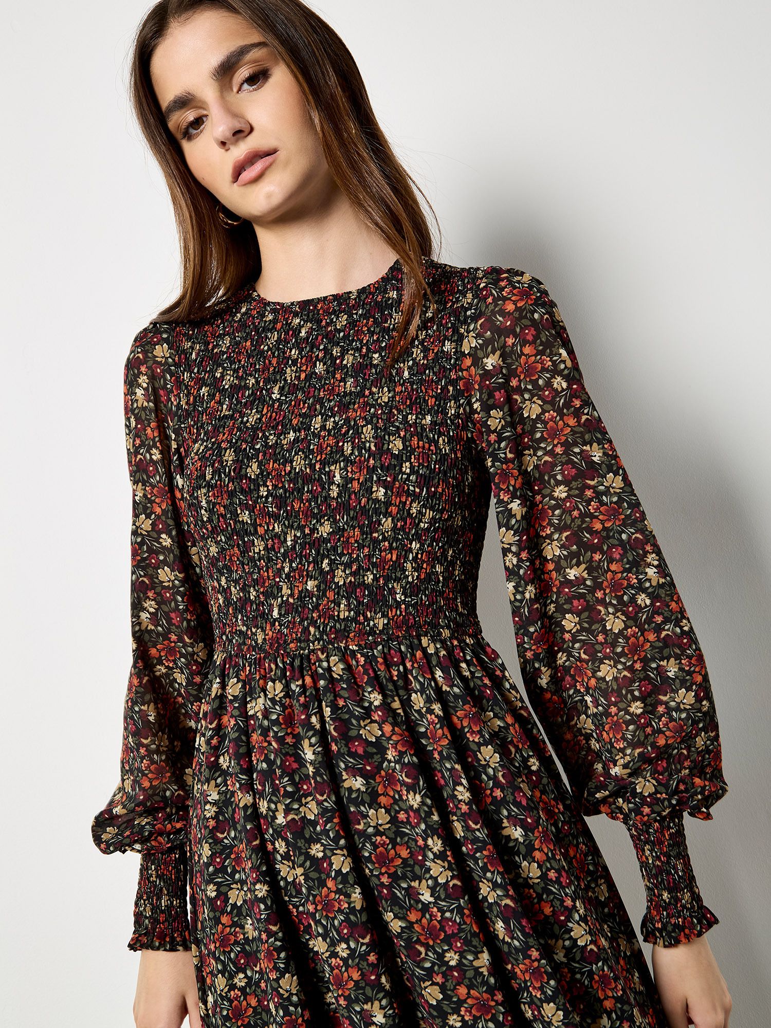 Apricot Ditsy Floral Smocked Mini Dress