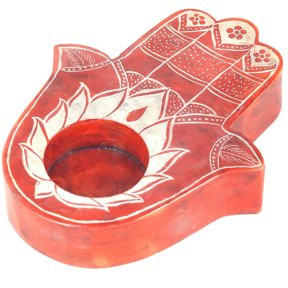 - Porte Bougie en Stéatite - Main de fatma - Rouge
