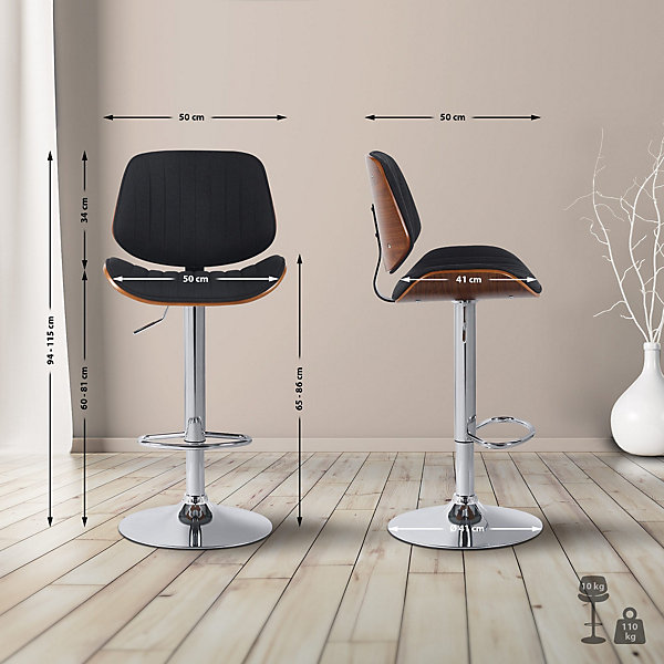 Lot de 2 tabourets de bar Clawson,tissu,cadre en bois courbé,réglable hauteur,pivotant,dossier,repose-pieds Noyer/Noir/Chrome