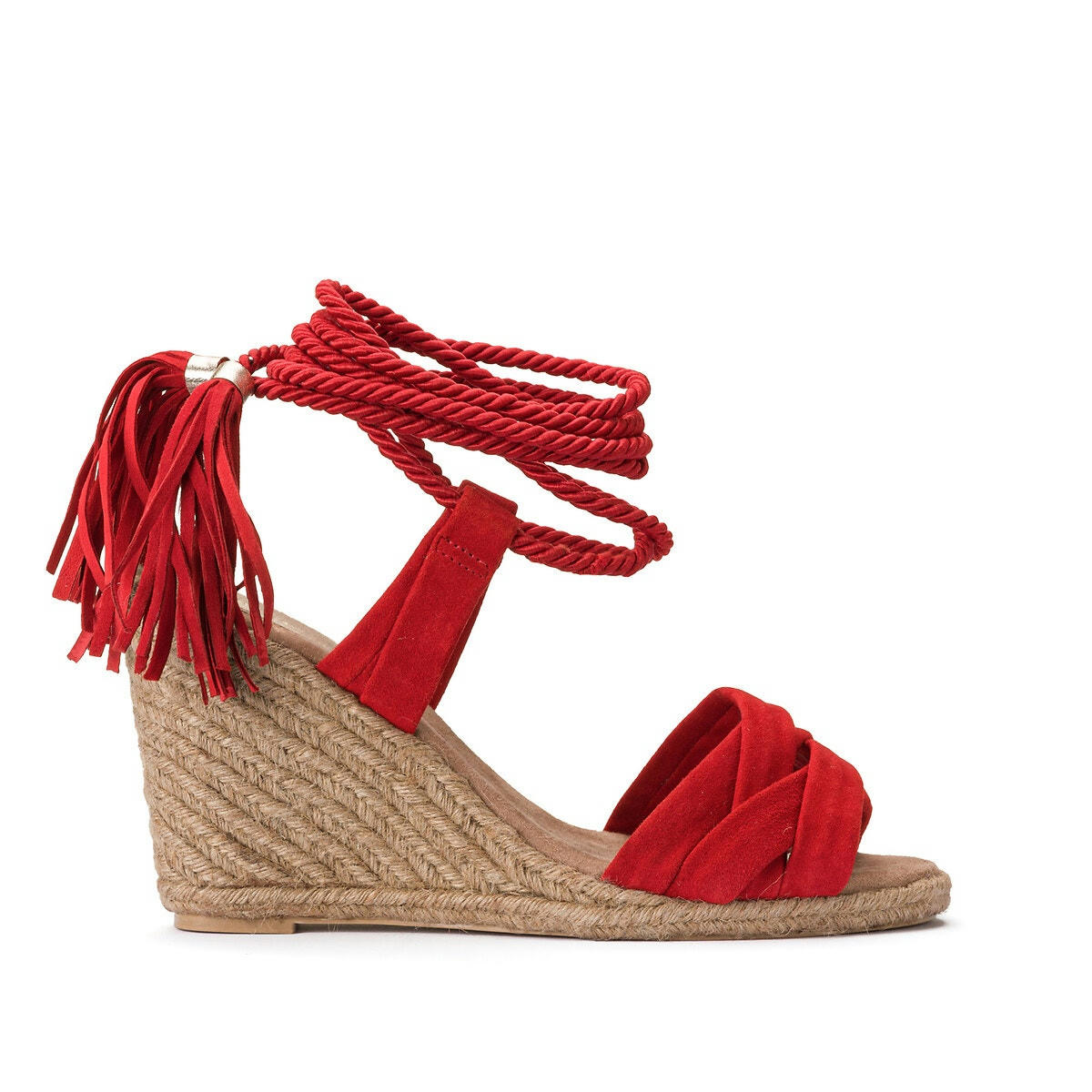 Sandales en cuir, talon compensé corde