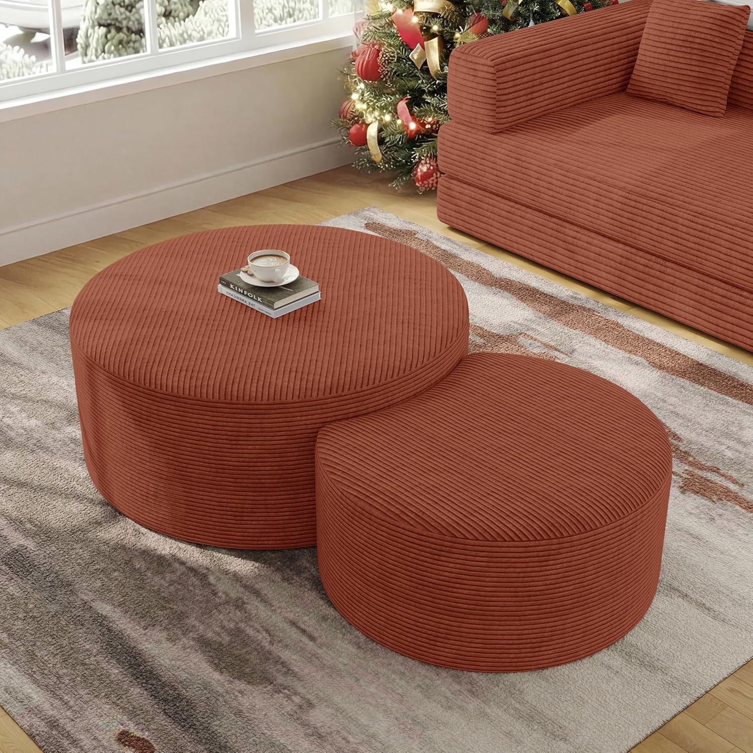 BSHOMGI Nesting Coffee Table Set of 2, Upholstered Round Corduroy Circle Foam Round Side Table for Living Room, Entryway Set, 32+17 Footrest No Assembly (Orange, 32+17)