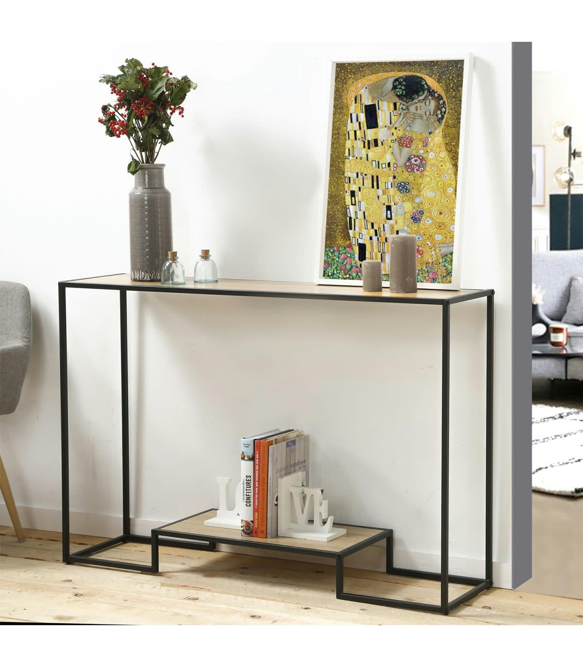 - Console moderne 2 niveaux décor chêne L120cm