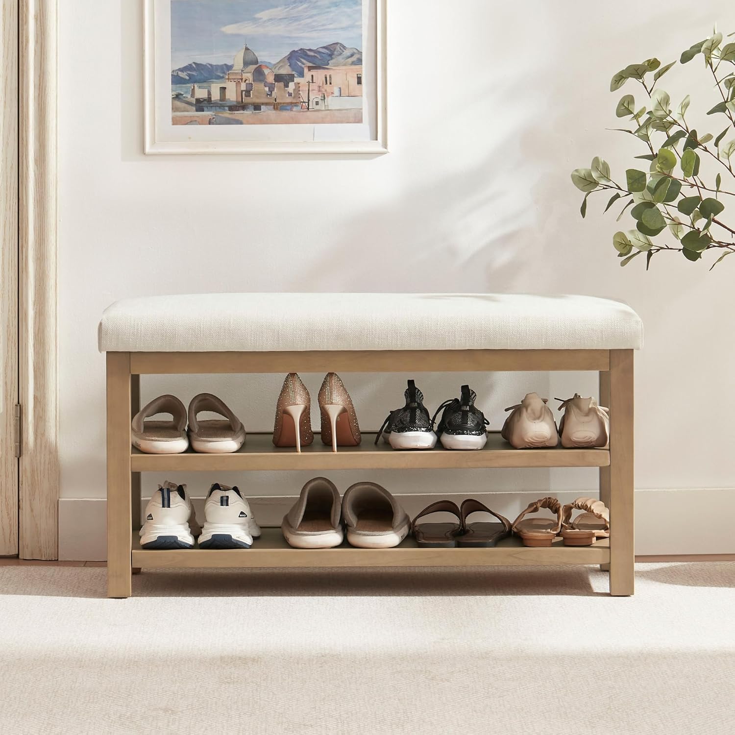 2 Tier Shoe Rack Bench with Cushion, Solid Wood Shoe Benches, Mid-Century Modern Shoe Storage Bench for Entryway, Hallway, Living Room, Closet, Front Door Entrance, (Beige, 39.4)