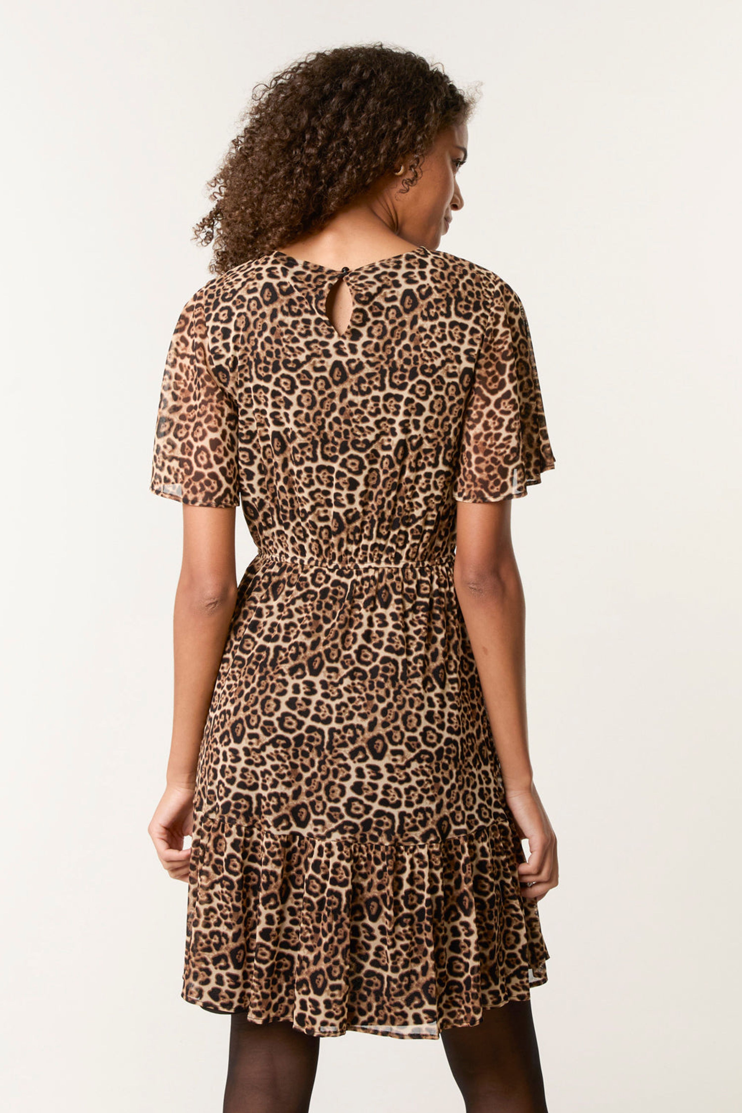 Blue Vanilla Brown Leopard Print Mesh Crew Neck Mini Dress