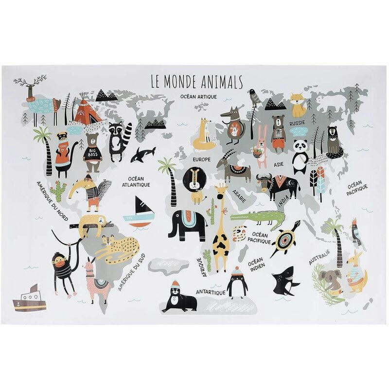 - Sticker mural mappemonde 90x60 cm continents gris