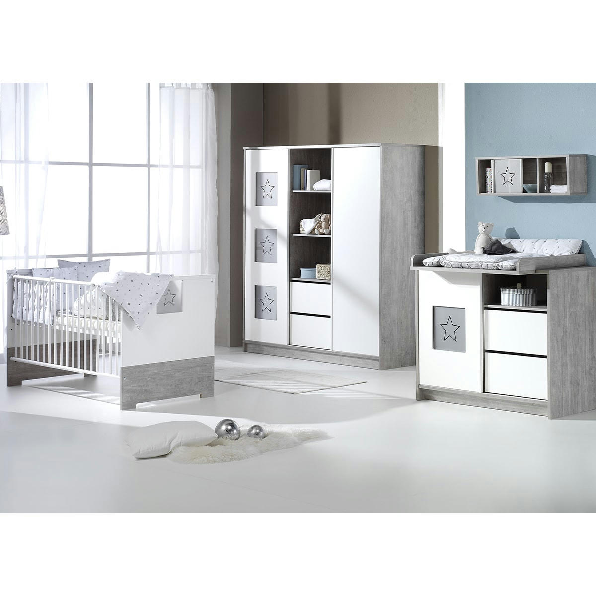 ABBY - Armoire enfant avec etagère centrale gris et blanc