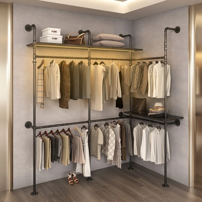 Reversible 118.3 Clothes Rack for Hanging Clothes, with LED Lights & Shelves