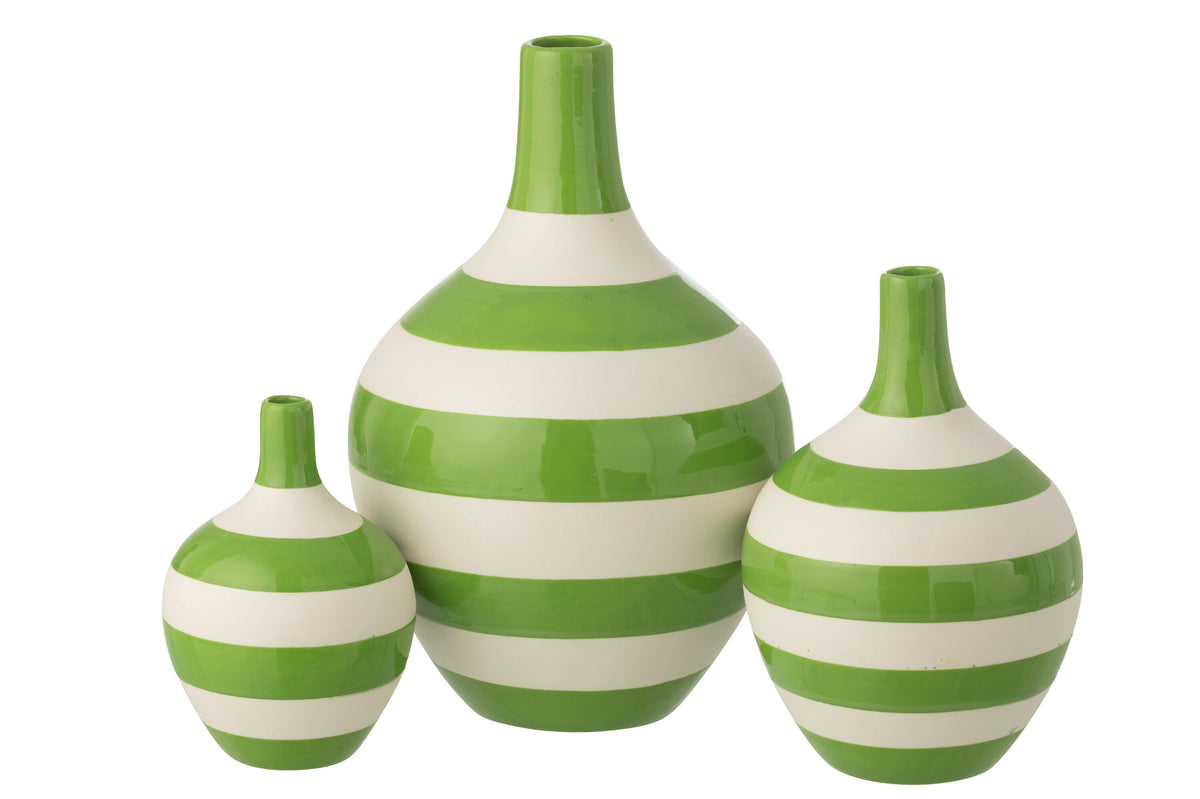 J-Line vaas Gestreept - porselein - wit/groen - set van 3