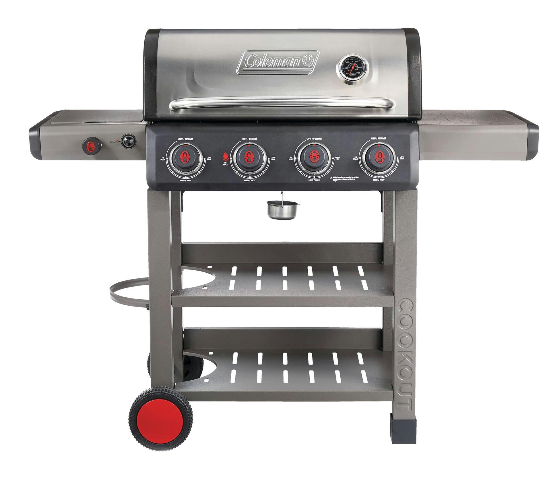 Coleman Cookout 4-Burner Propane Gas BBQ Grill with Side Burner & Storage Shelves
