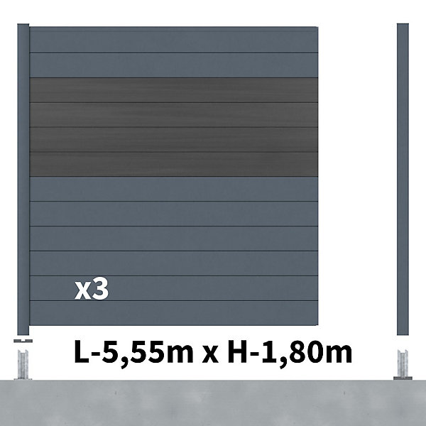 Kit Clôture Aluminium BAHIA &CRUZ Ardoise 5,5x1,8m - Aluminium et bois composite - Poteaux sur Platines gris - Occultation