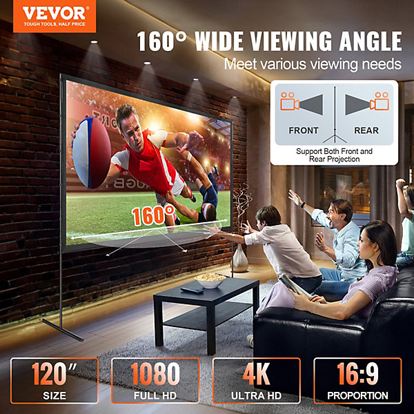 écran projection sur pied 120 pouces 16:9 HD, double face anti-plis, grand angle, sac.