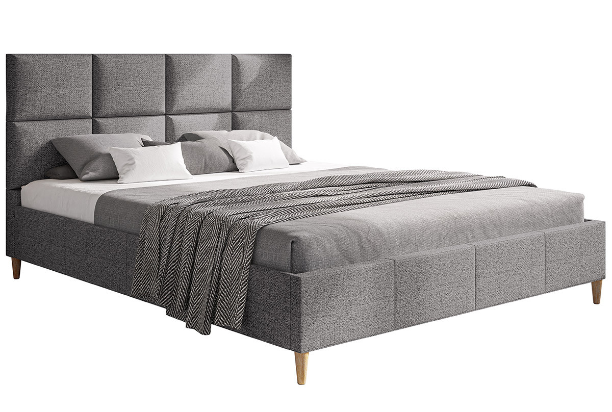Łóżko sypialniane 160x200 LUXO 1, drewniane nogi, tkanina plecionka - szare