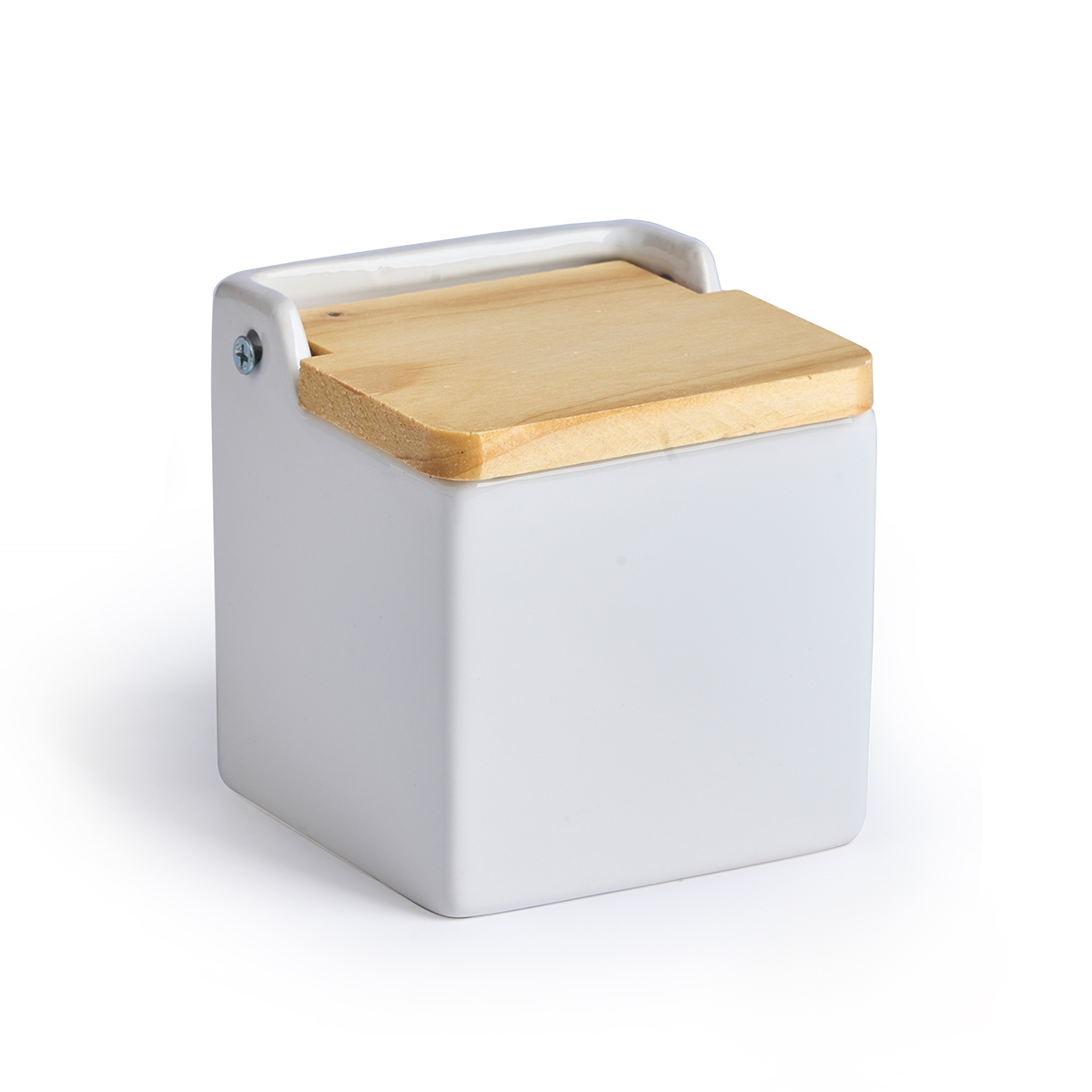 Saleiro branco de cerâmica com tampa em madeira 500ml