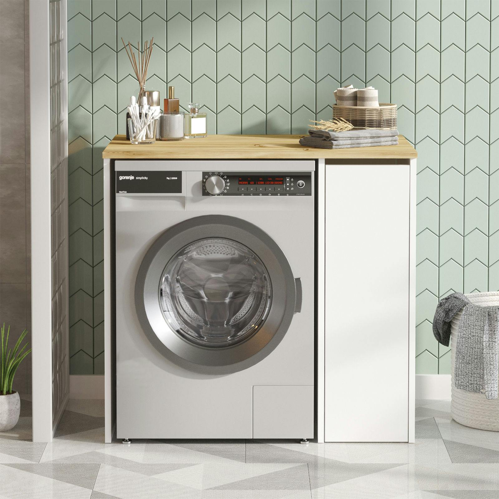 Meuble pour lave-linge 1 tiroir, blanc & bois clair MARFA