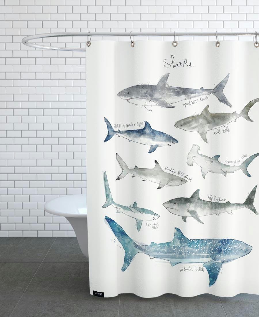 SHARKS - Rideau de douche en polyester en blanc ivoire & bleu 150x200