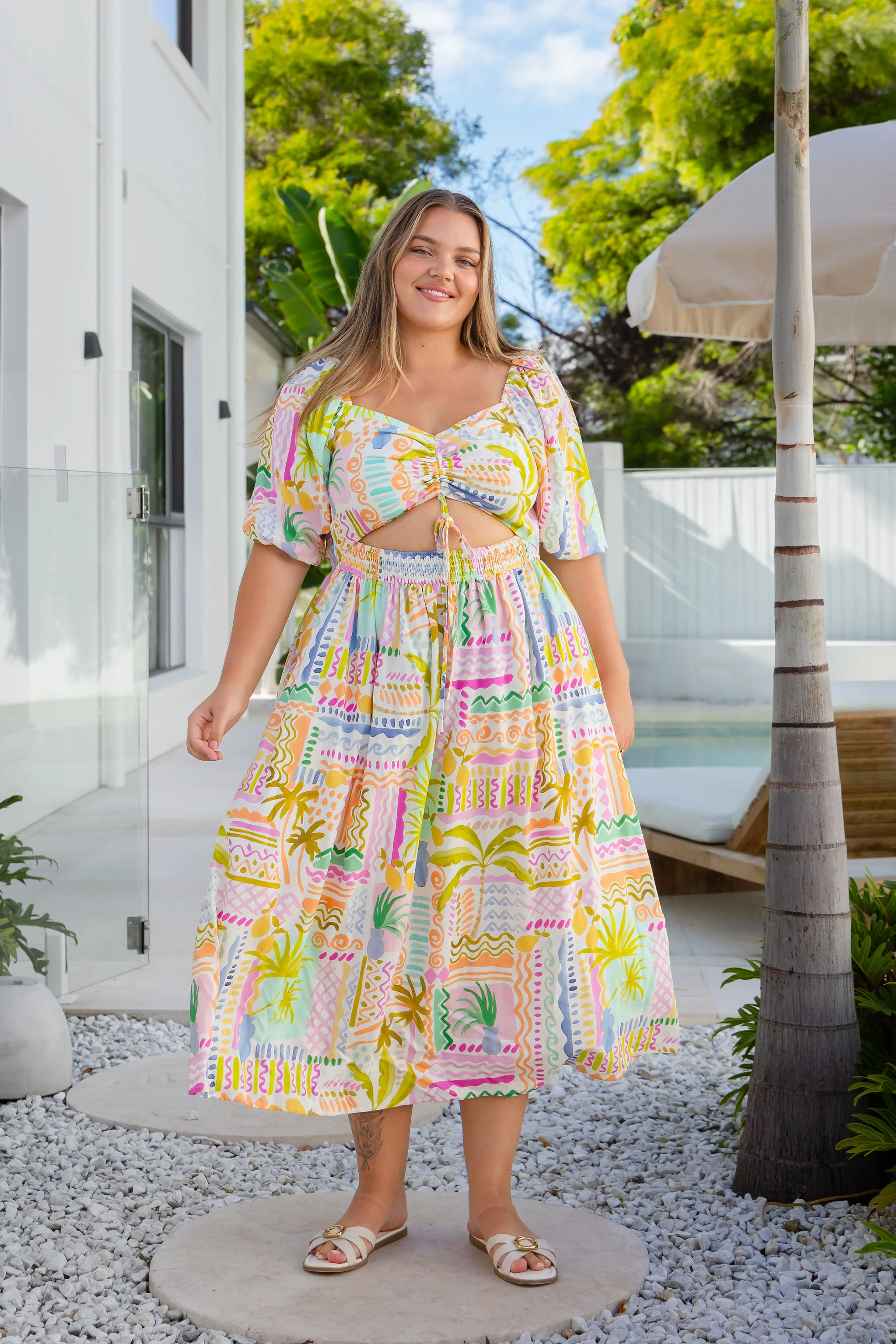 Pippa Linen Blend Cut Out Dress in Palma
