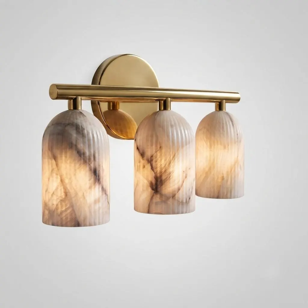 Fluted Alabaster Vanity Light, 3 Light Brass Bathroom Sconce, Natural Stone Wall Fixture, Modern Mid Century Lighting