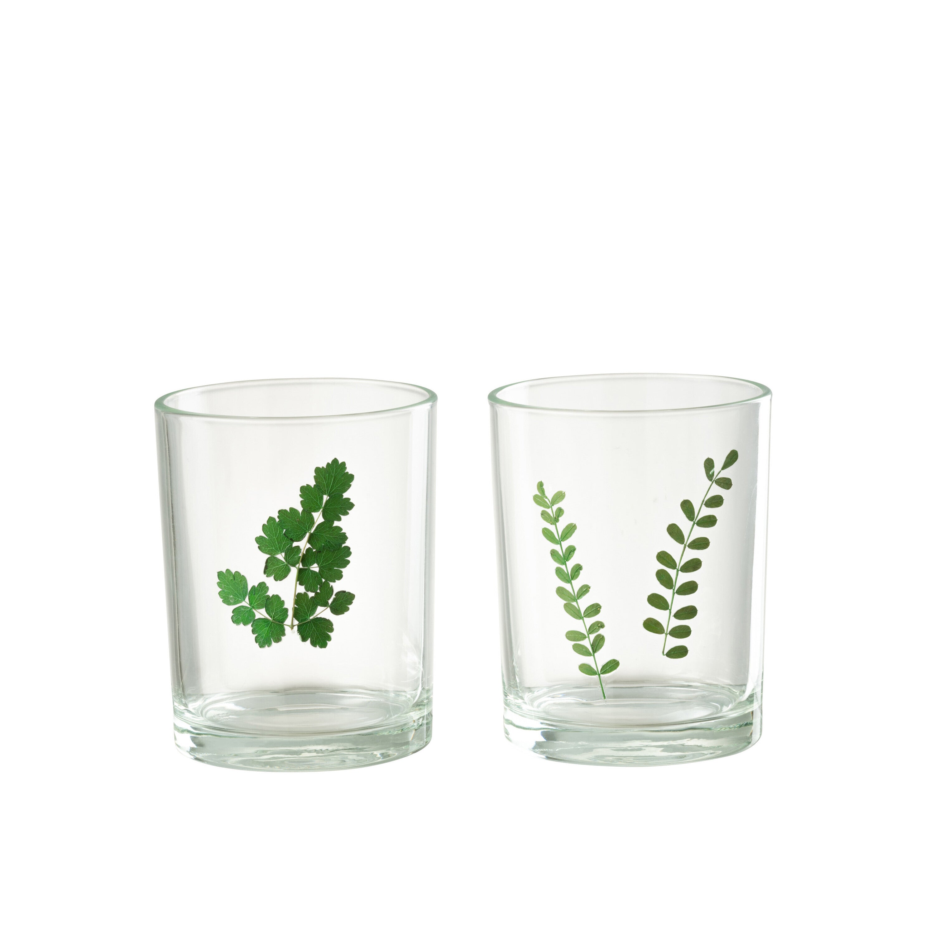 J-Line windlicht Bladeren - glas - groen transparant - 2 stu