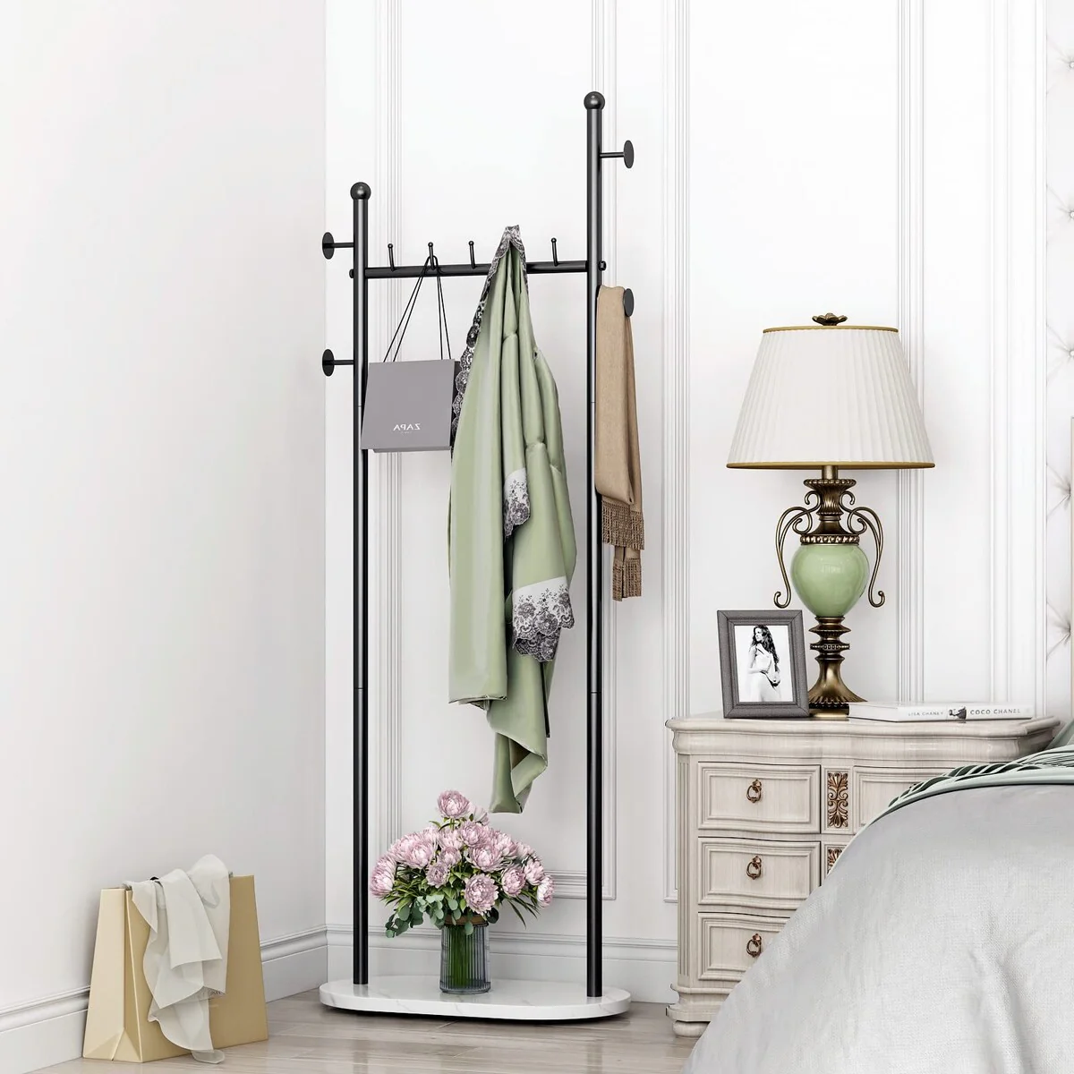 Clothing Racks with Marble Base Modern Coat Racks Freestanding Black Clothes Rack with Shelves, Entryway