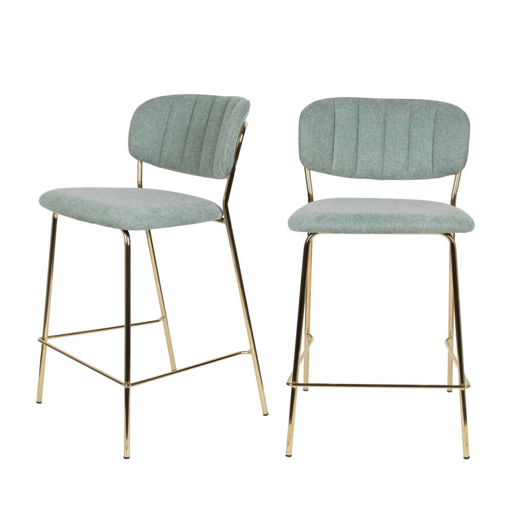 JOLIEN - Lot de 2 tabourets de bar en tissu avec pieds dorés vert de gris