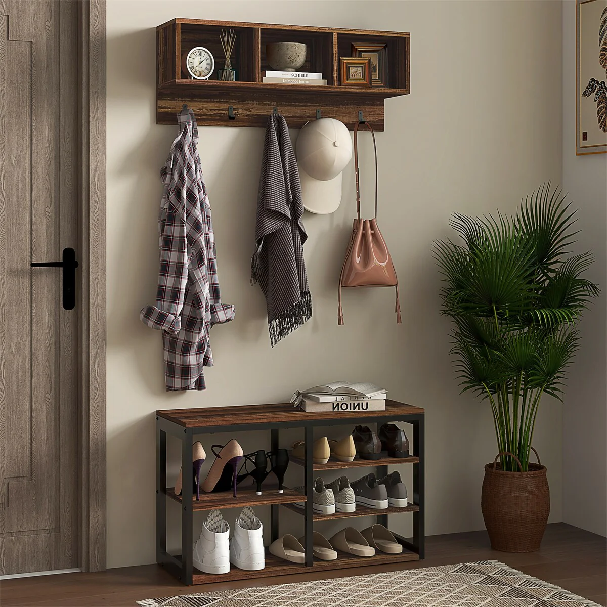 2-in-1 Coat Rack Shoe Bench Set