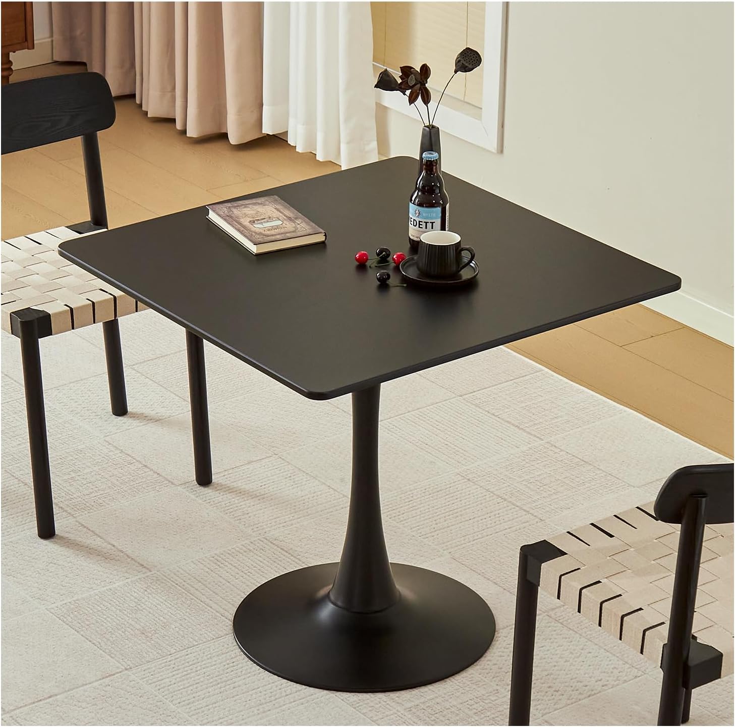 Square Dining Table, 31.5 Tulip Table with Thickened Tabletop & Metal Pedestal, Mid Century Modern Bistro Table for Kitchen, Small Places, Living Room, Cafe (Black)