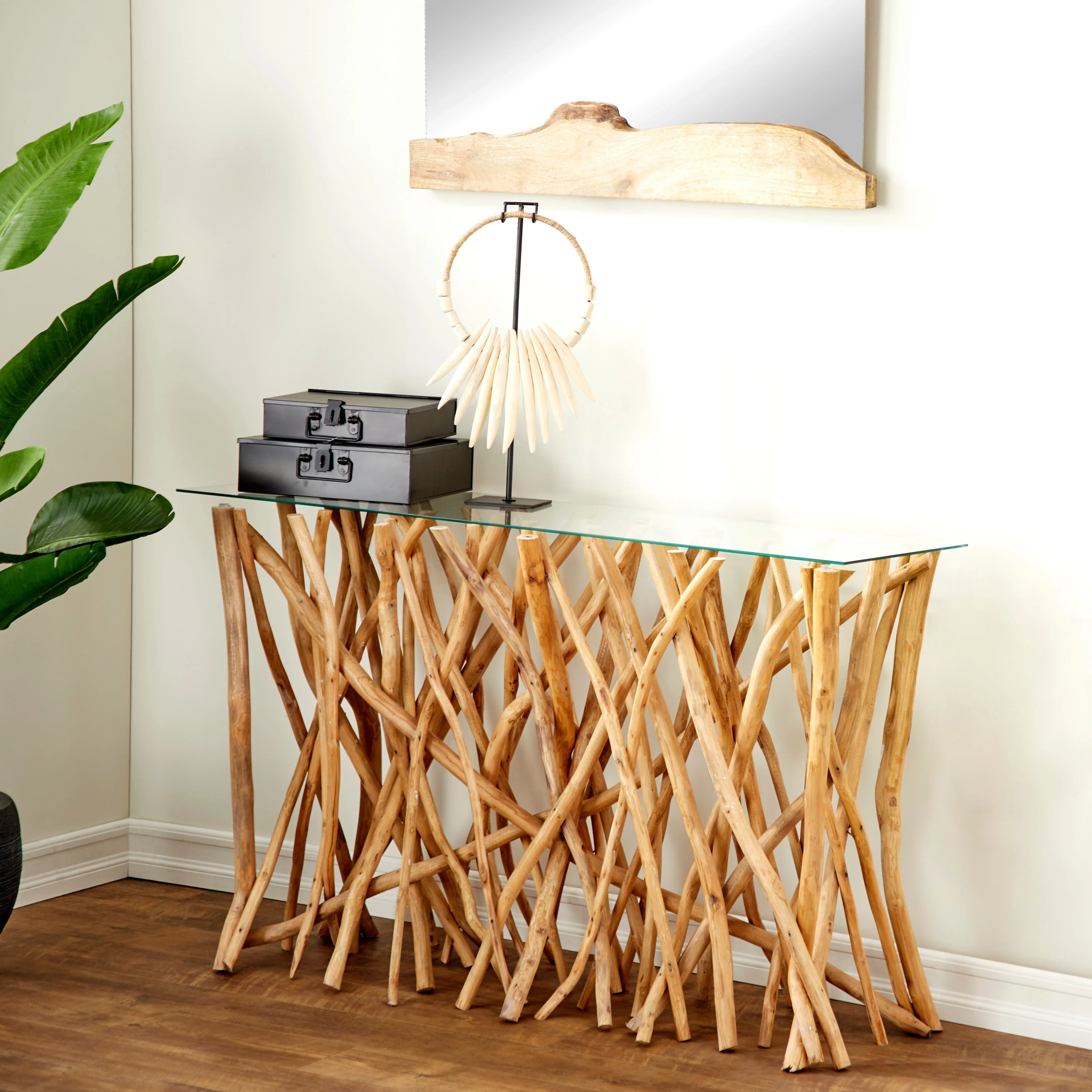 Teak Wood Handmade Tree Branch Console Table with Clear Glass Top - Brown - Roche River Decor - 16W x 51L x 30H