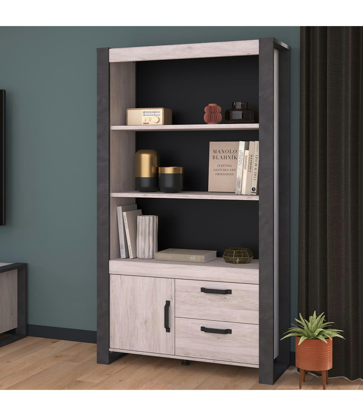 JULES - Buffet haut avec 1 porte, 2 tiroirs effet bois - L107 x P187 cm