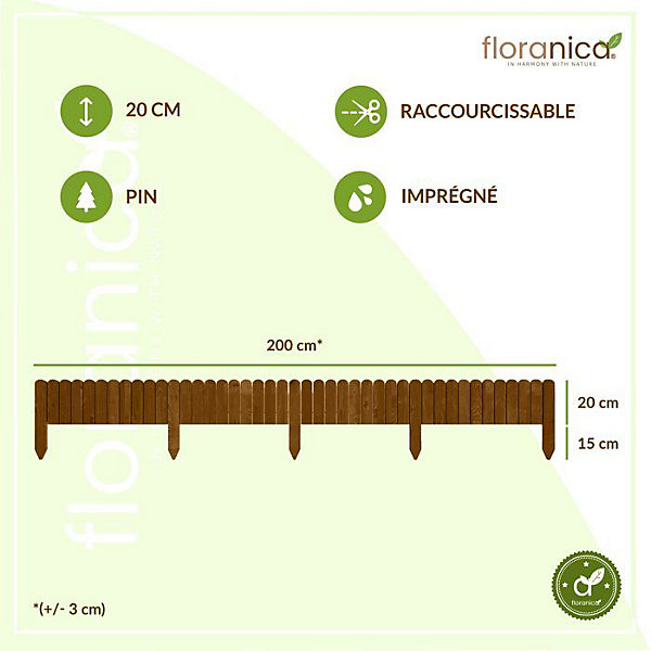 Floranica Bordure de Jardin Flexible 20 x 200 cm Brune Clôture de Pelouse en Bois, Palissade de Jardin Extérieur
