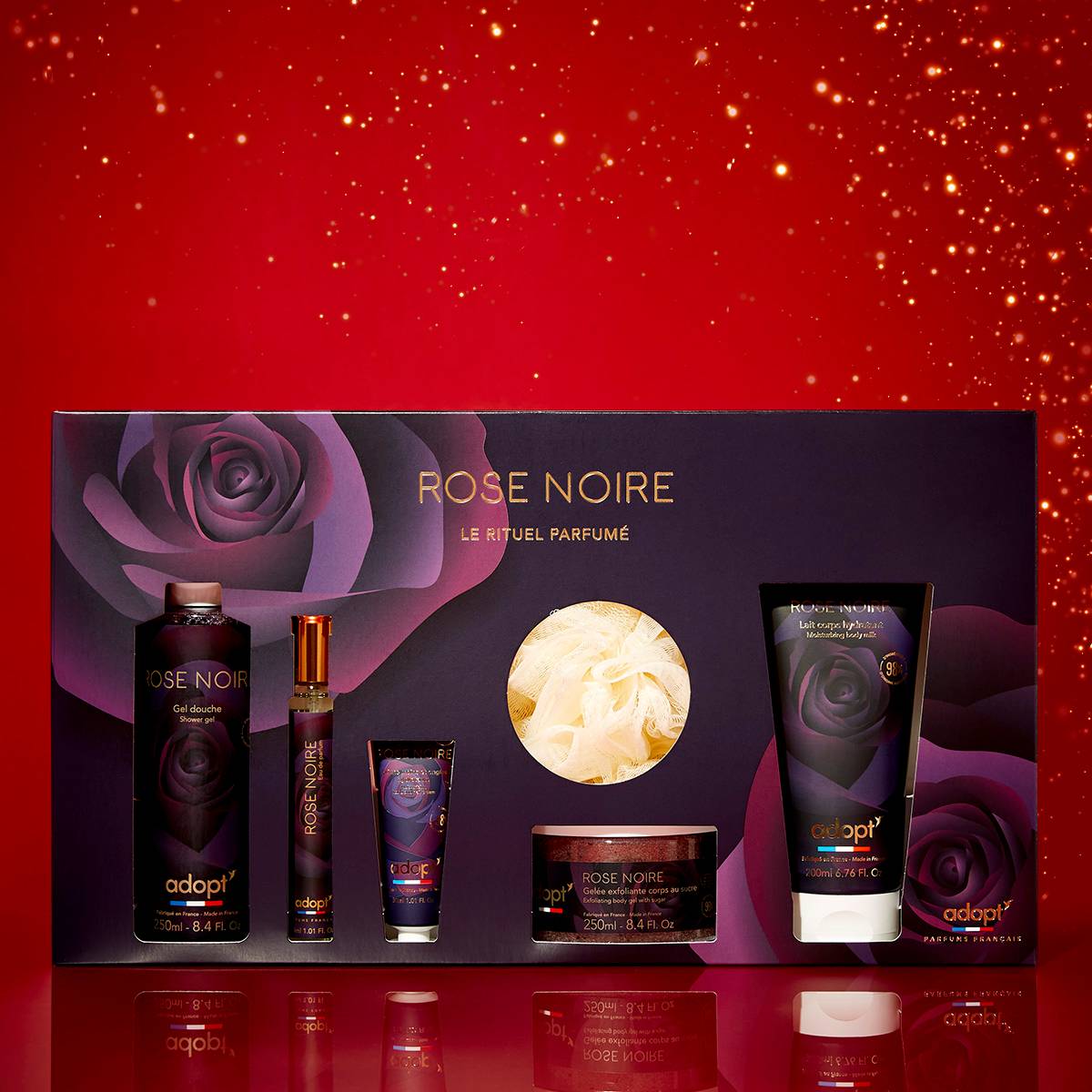 Rose NoireCoffret maxi eau de parfum Rose Noire 30 ml   gel douche 250 ml   lait corps 200 ml   crème pour les mains 30 ml   gommage au sucre 250ml   fleur de bain