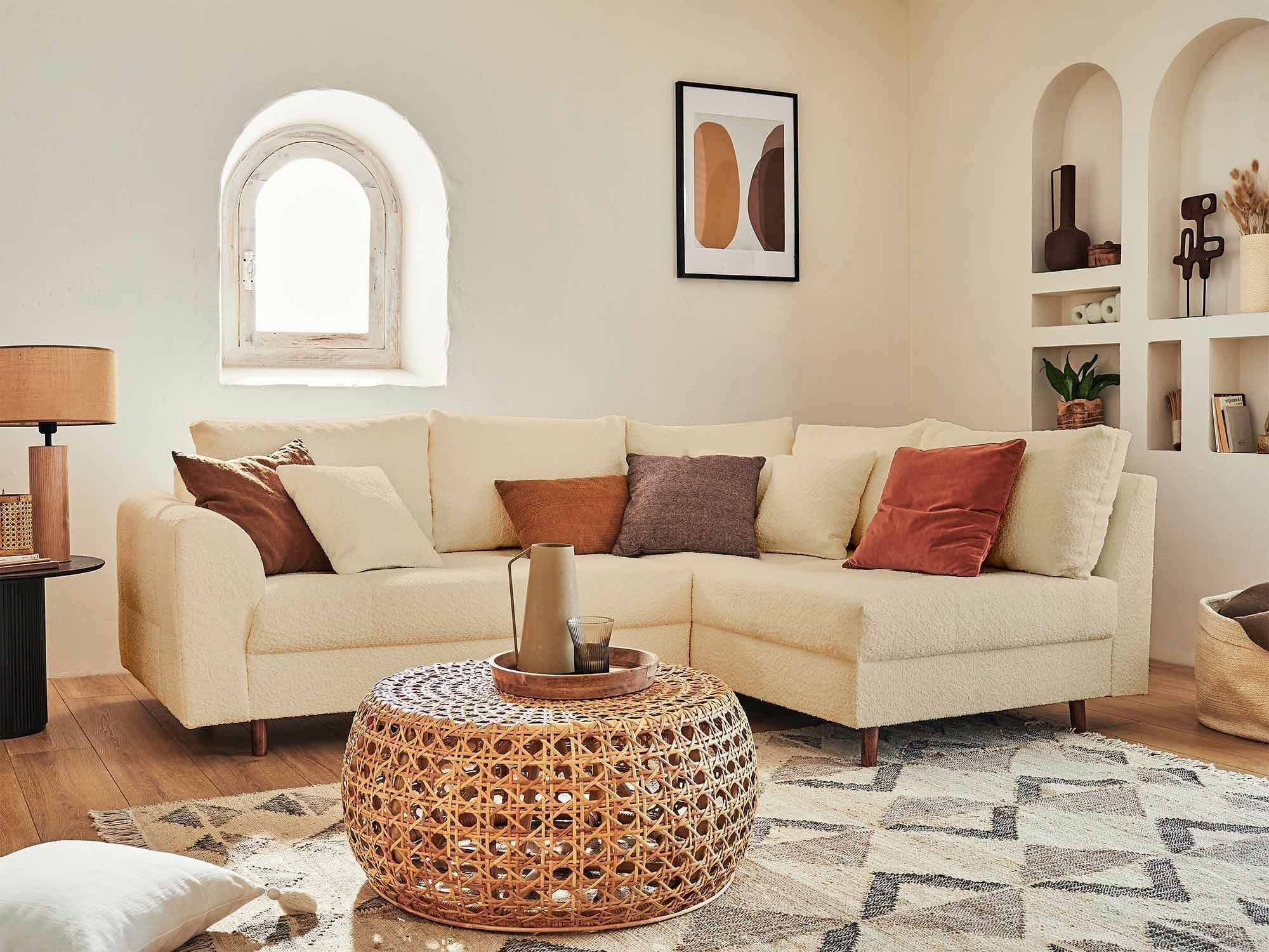 RUNE - Canapé d'angle droit 4 places en tissu bouclette beige