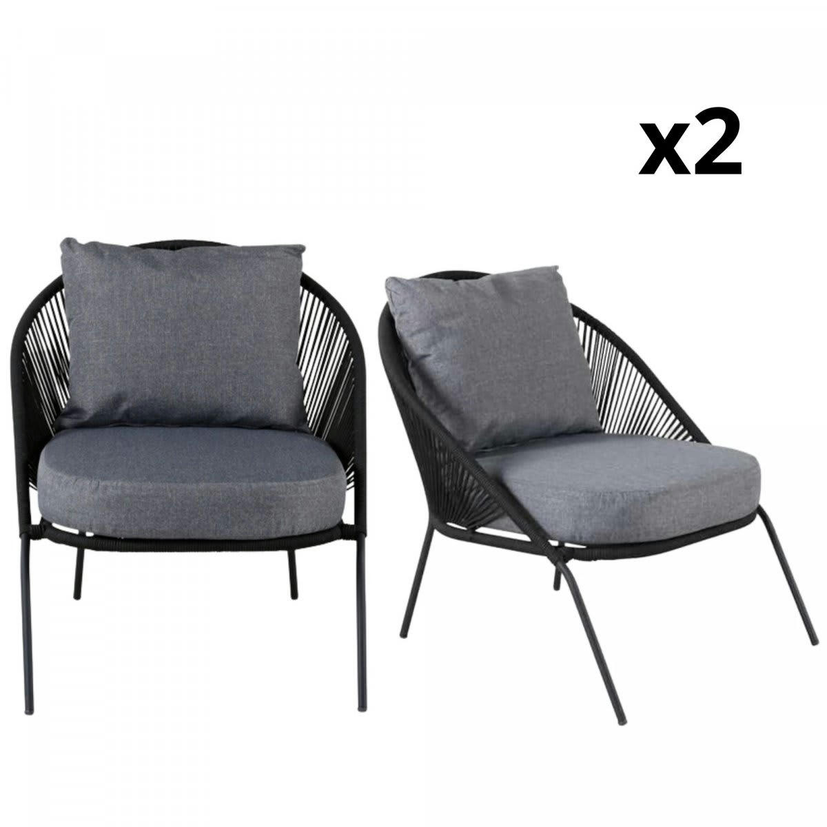 GUACARA - Lot de 2 fauteuil extérieur en corde avec coussin noir