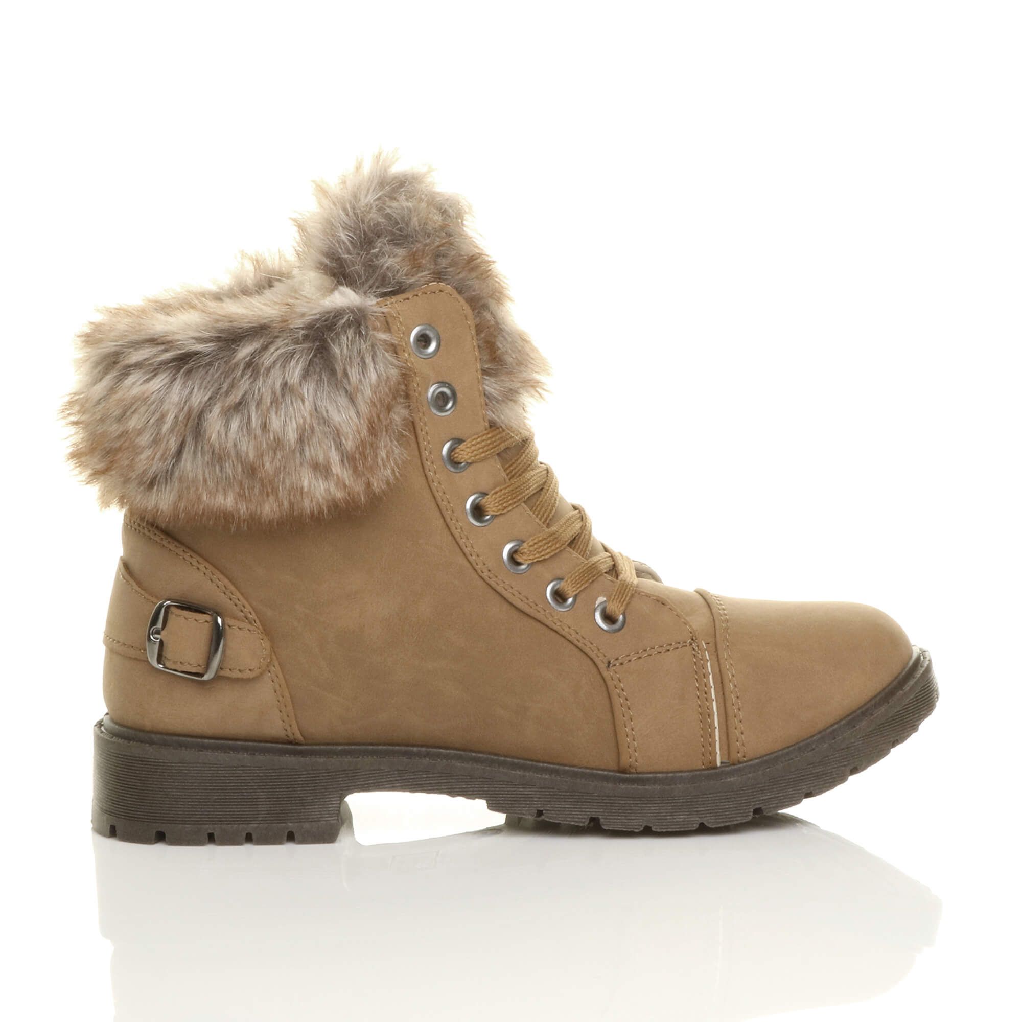 AJVANI Low Heel Faux Fur Lace Up Military Biker Ankle Boots