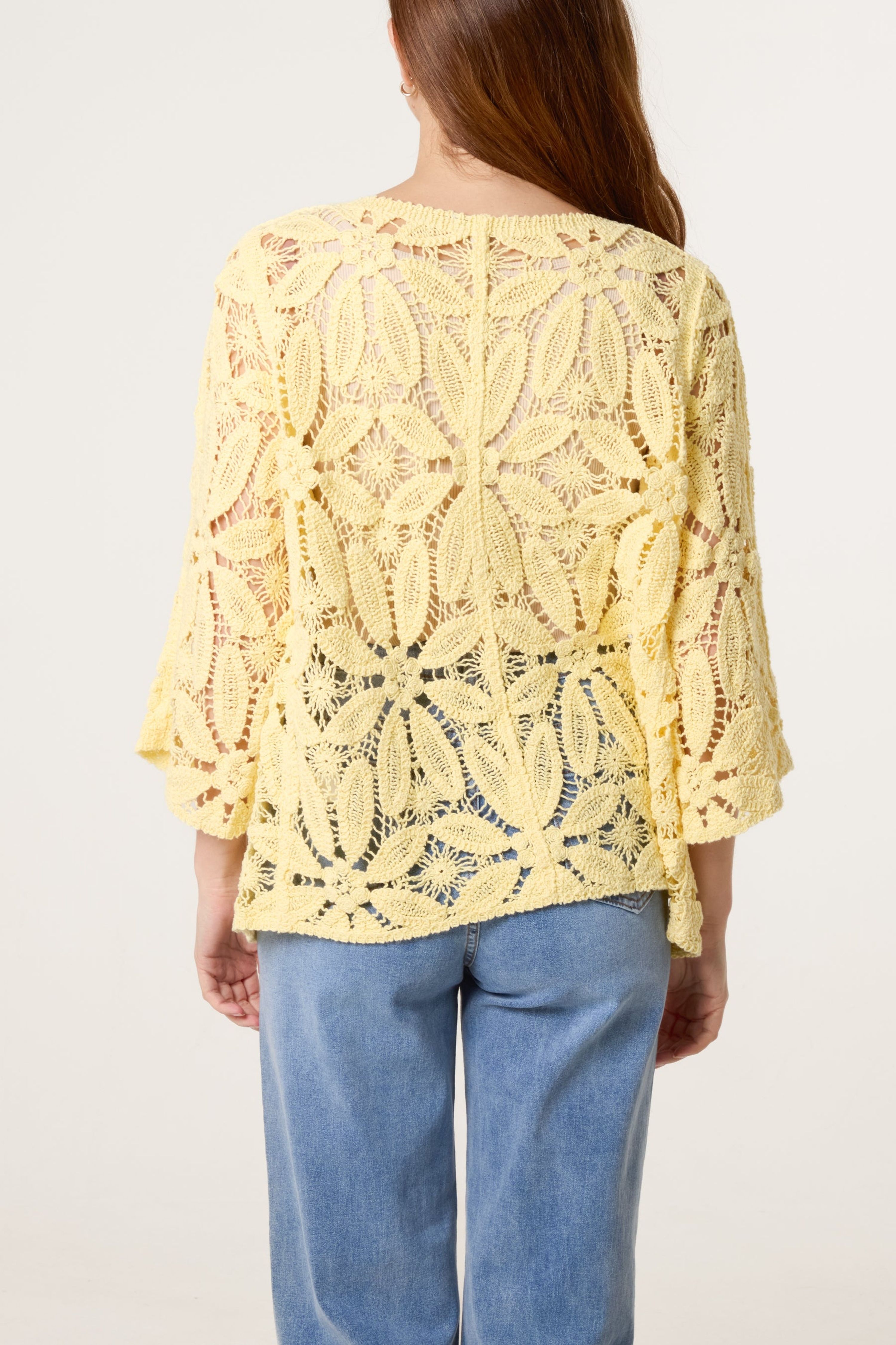 Blue Vanilla Lemon Crochet Tie Front Cardigan