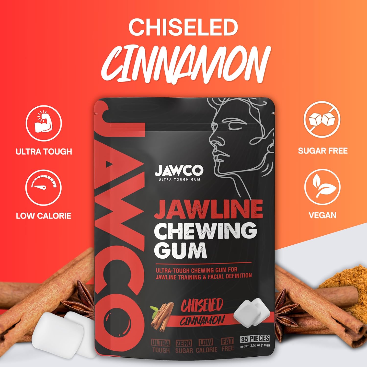 JAWCO Ultra-tough Jawline Chewing Gum | Get a Stronger, Squarer Jawline | Jaw Training Hard Gum | Chisel, Sculpt, Tone your Jaw | 15X Hardness | Facial Fitness Mewing Gum | Chiseled Cinnamon (6-Pack)