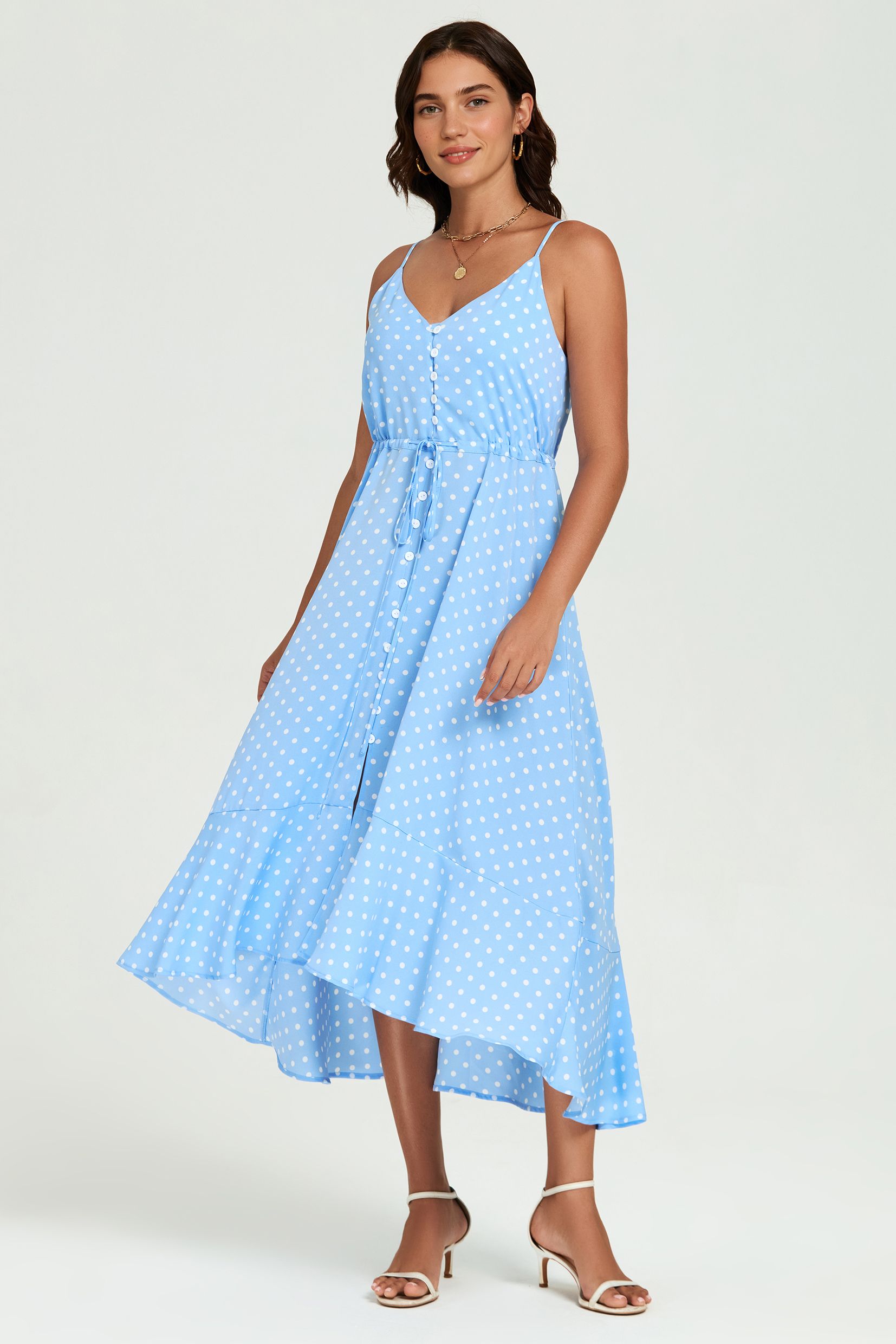 FS Collection Dot Print Button Down High Low Strappy Dress In Light Blue