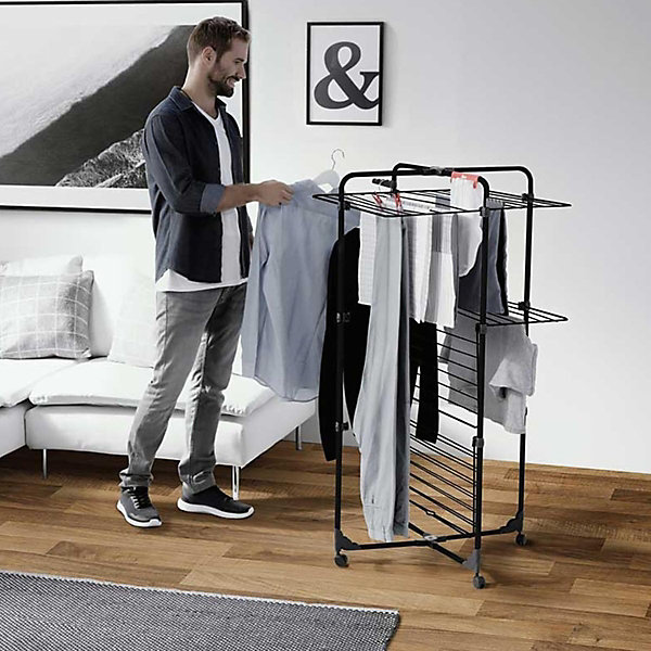 Etendoir à linge Intérieur 3 étages Séchoir à linge Pliable sur roulettes Tancarville Noir 93 x 71 x 131 cm VILEDA