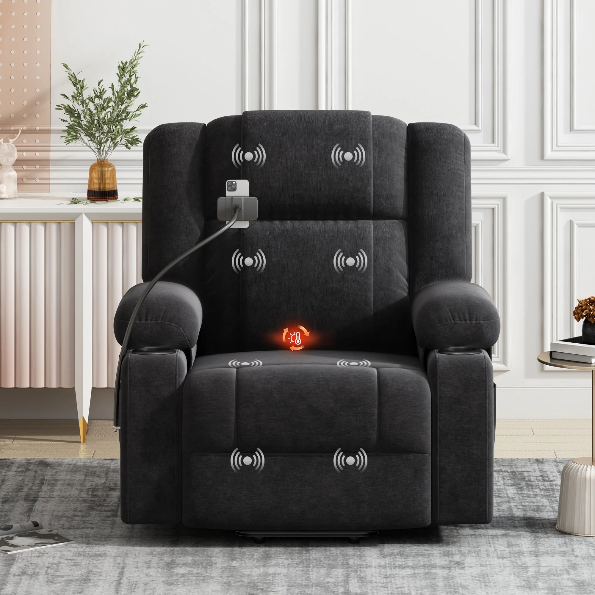 Electric Lift Recliner with Massage, Heating, Cup Holders & 360° Swivel Phone Stand, Adjustable Recline