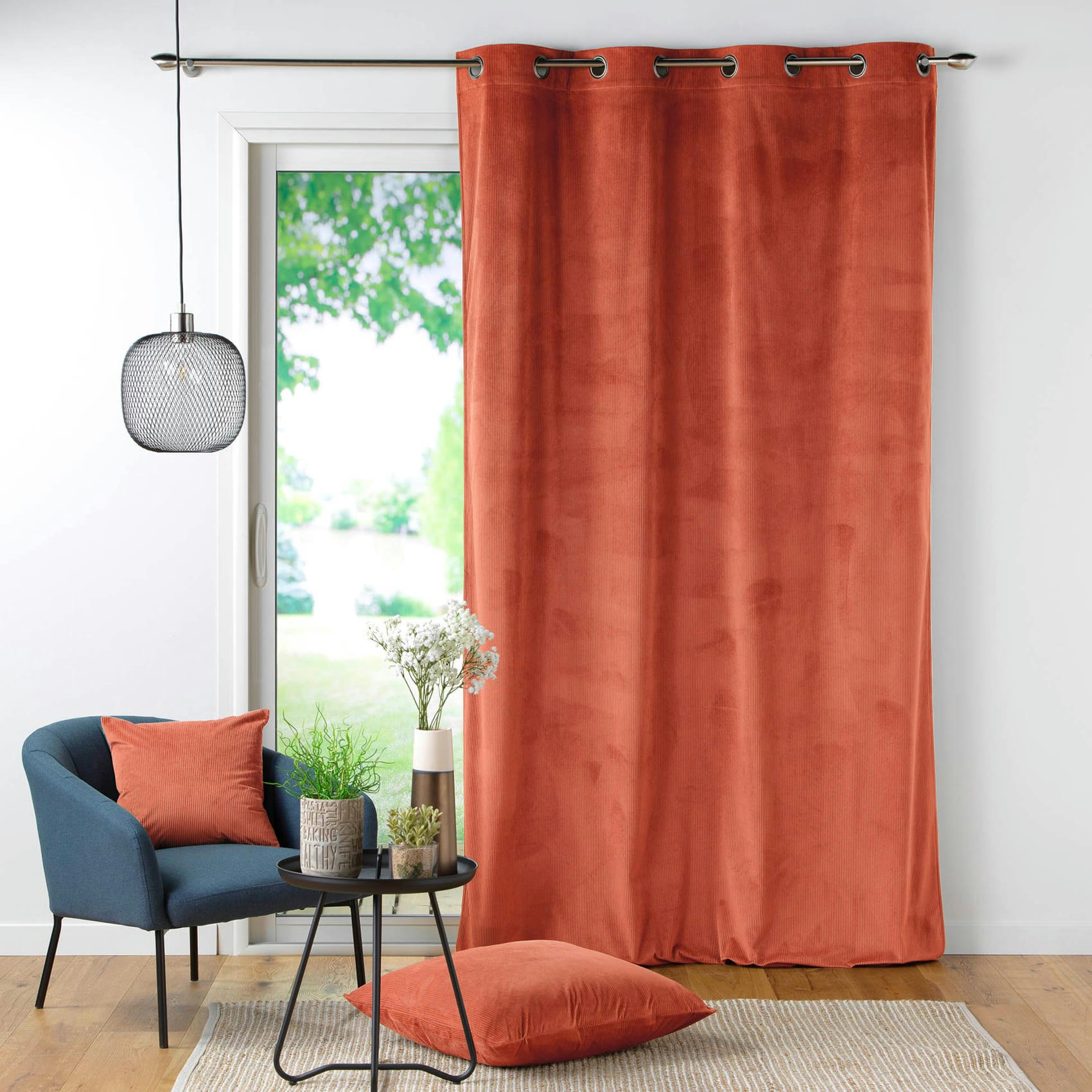 - Rideau tamisant uni en velours côtelé terracotta 140x260 cm