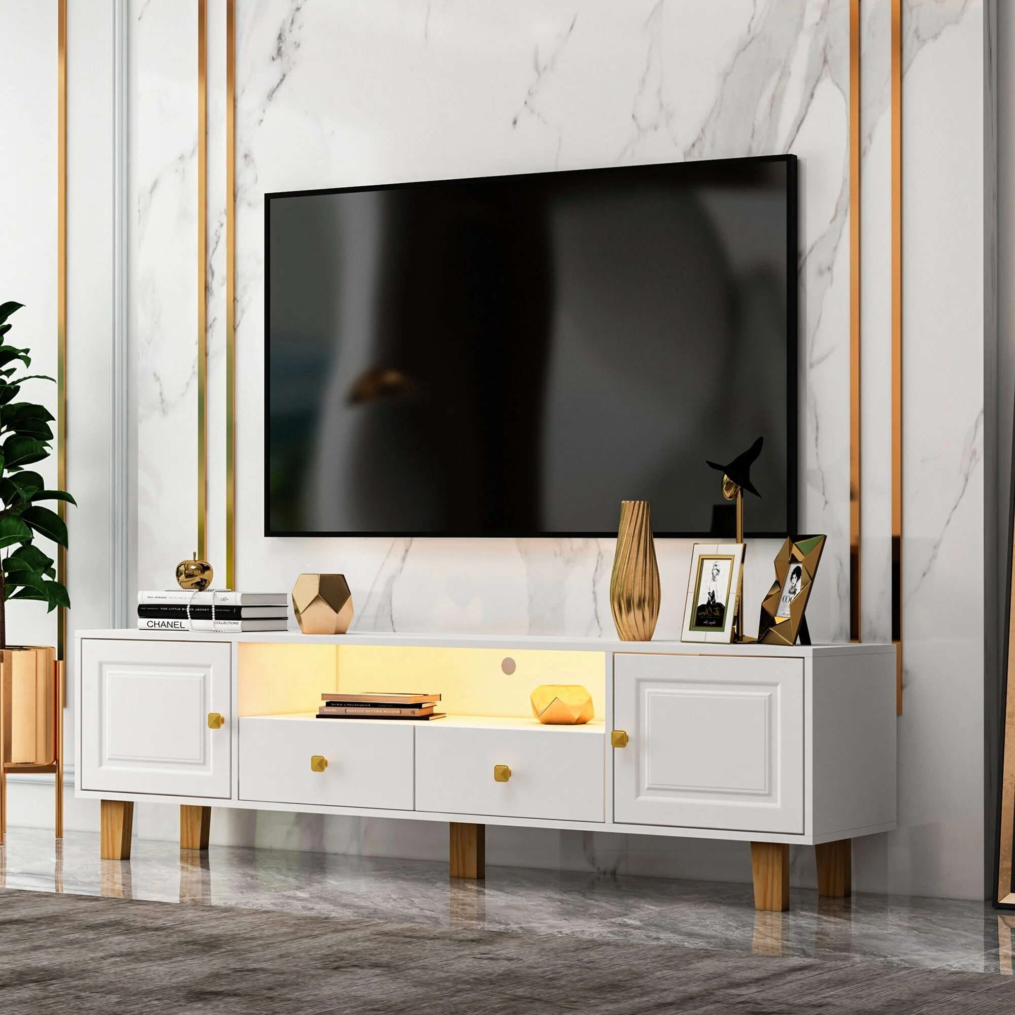 White 63 TV Stand with LED, Drawers & Doors for TVs Up to 65