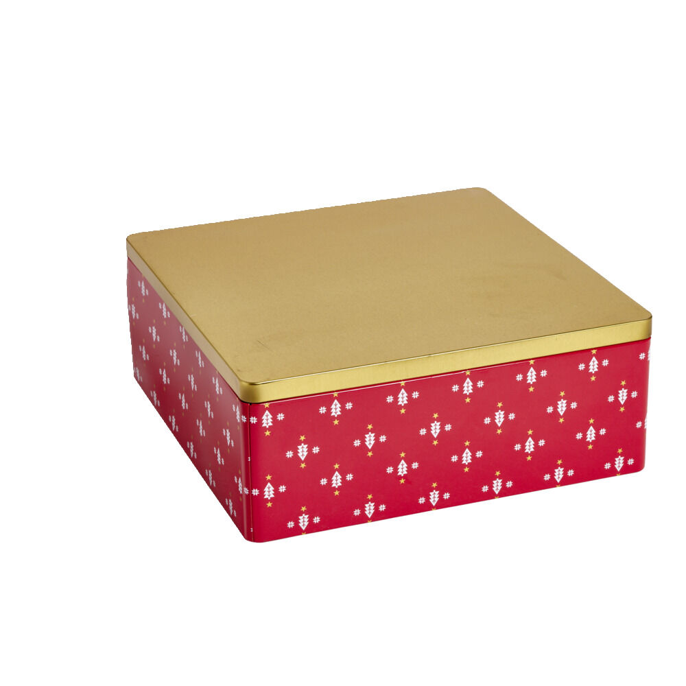 BoÎte alimentaire carrée motif No&euml;l métal rouge et dorée 26x26xH10cm