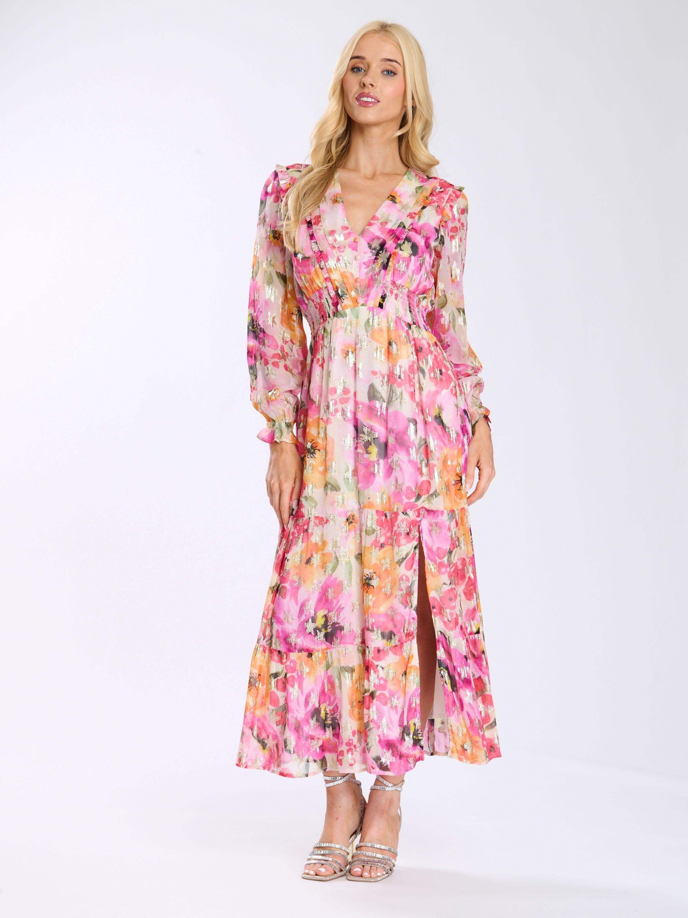 Finding Friday Metallic Printed Long Sleeve Floaty Midi Dress