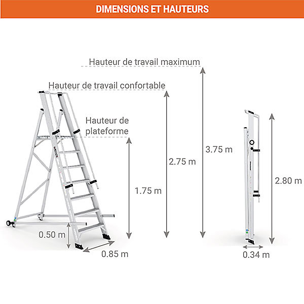 Escabeau roulant 7 marches - Hauteur max. de travail 3.75m - Plateforme 0,42x0,53m - VE6