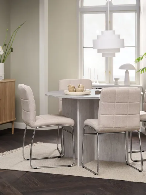 KRONDAL Ø110 bord travertin + 4 HAMMEL stole beige