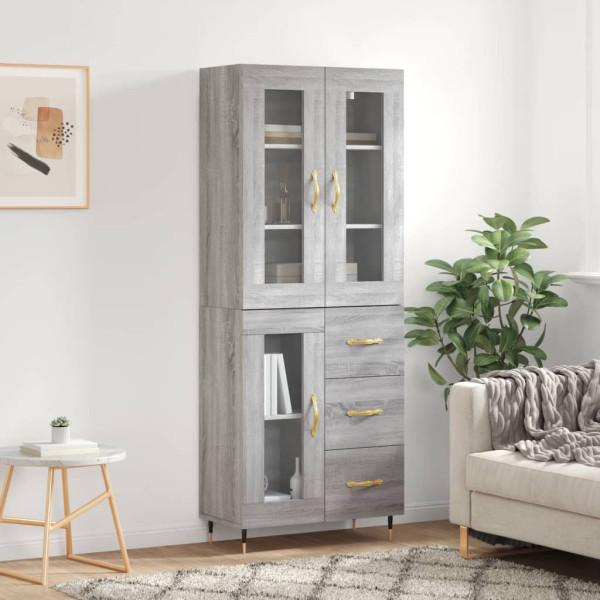 Szafka Witrynka Szara Dąb Sonoma z Drzwiami Szklanymi 69.5x34x180 cm