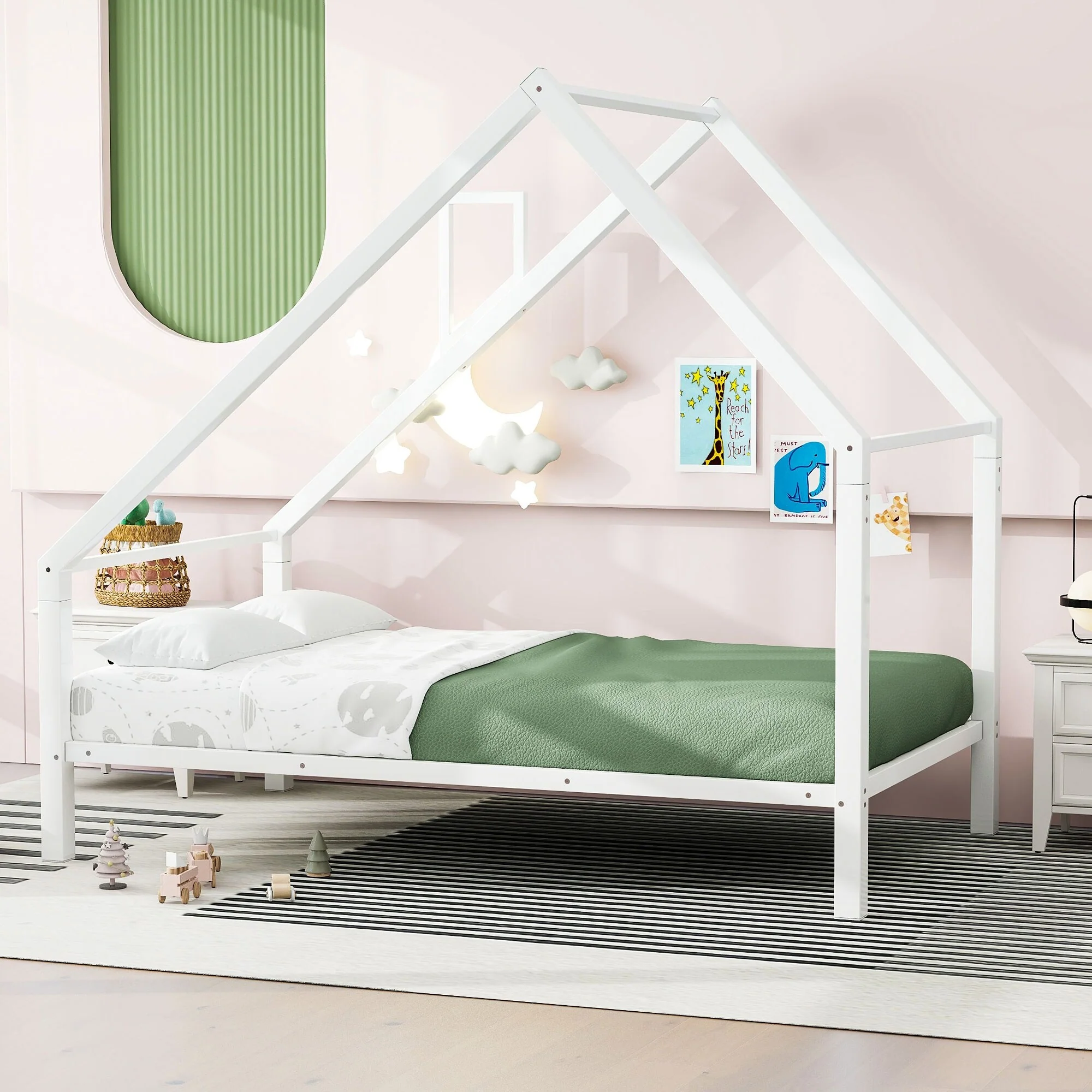 Twin Size Metal House Platform Bed with Roof